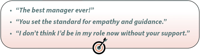 Image to display some of the things that former direct reports have said about Andrew Lamberti including "The best manager ever!" Image saying "The best manager ever" and "You set the standards for empathy and guidance"